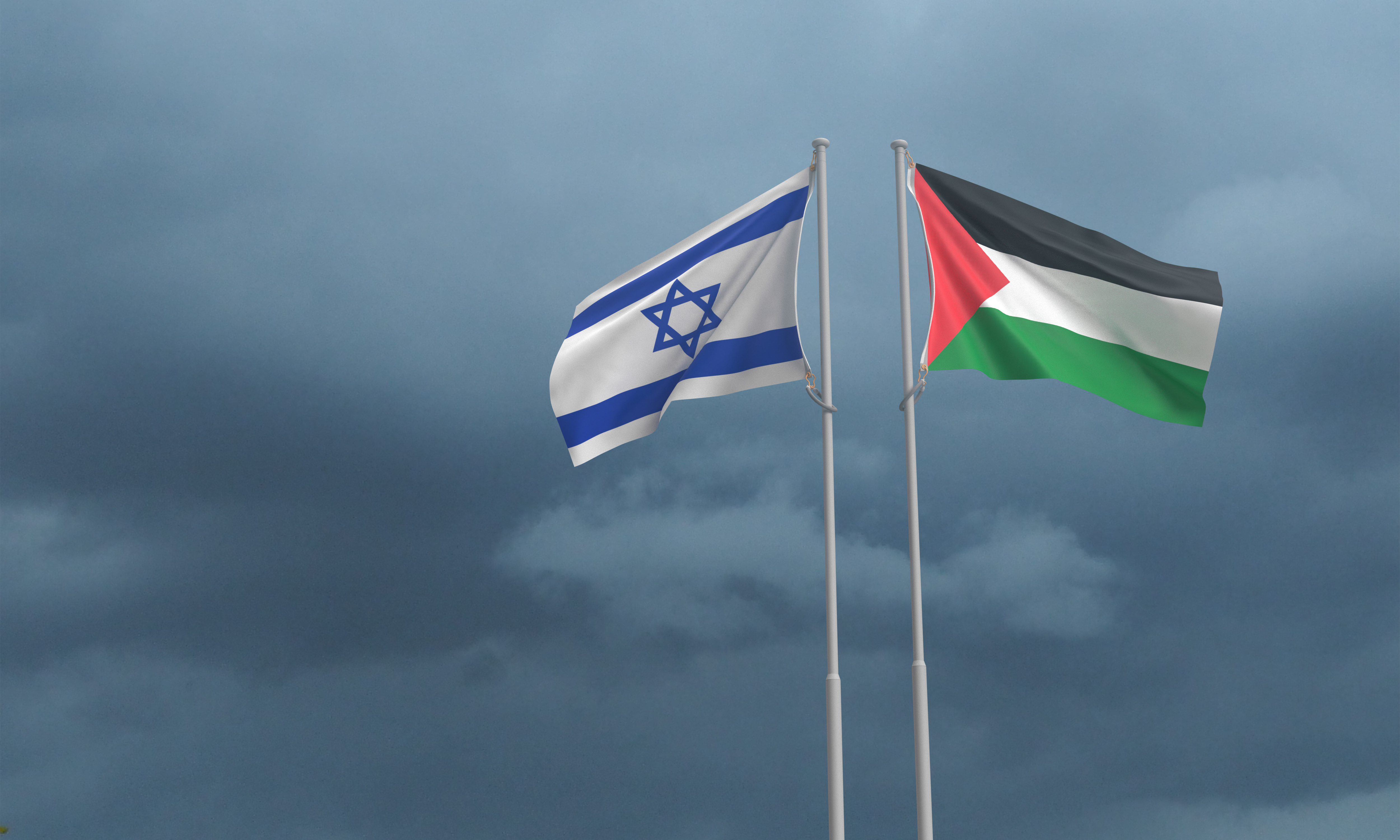 Israel and Palestine flags waving high in the sky
