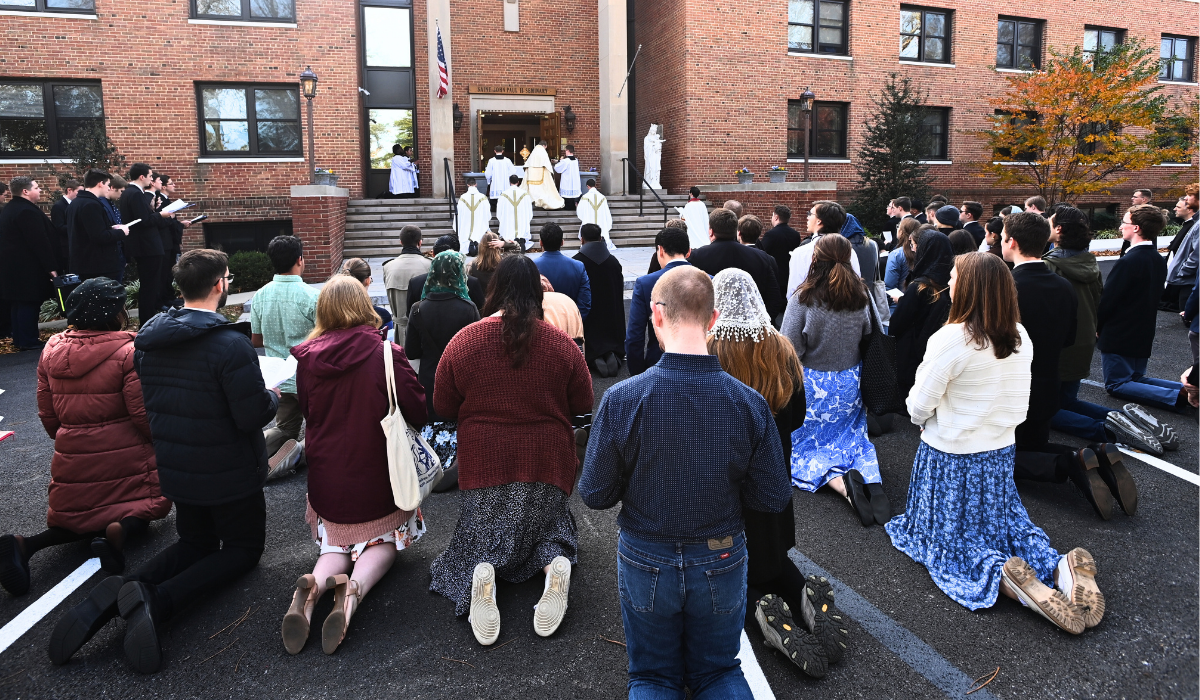 Students exploring theology and intellect in the heart of campus